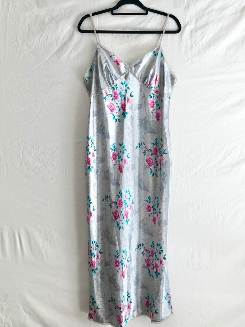 Vintage 90s Erika Taylor Gray Floral Satin Nightgown Size L